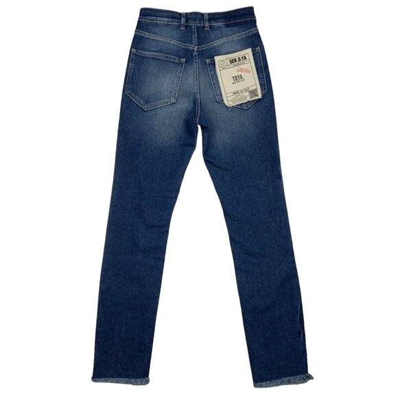 Ser.O.Ya Toya Jeans 25 Tahoe Blue High Rise Slim Leg Raw Hem Zip Fly - Picture 11 of 12